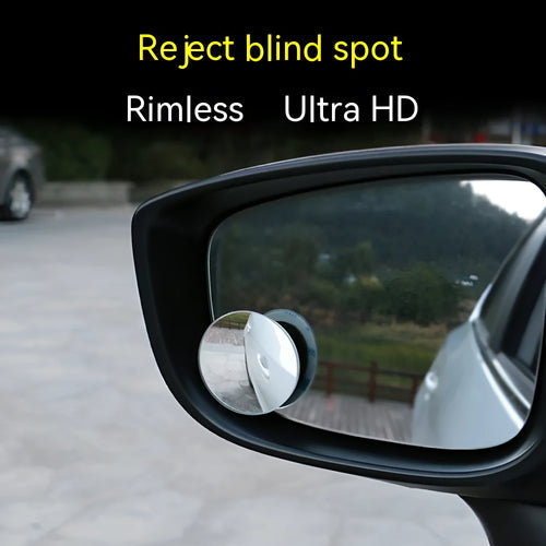 Silver round convex blind spot mirror with adjustable mount for car rearview mirror.