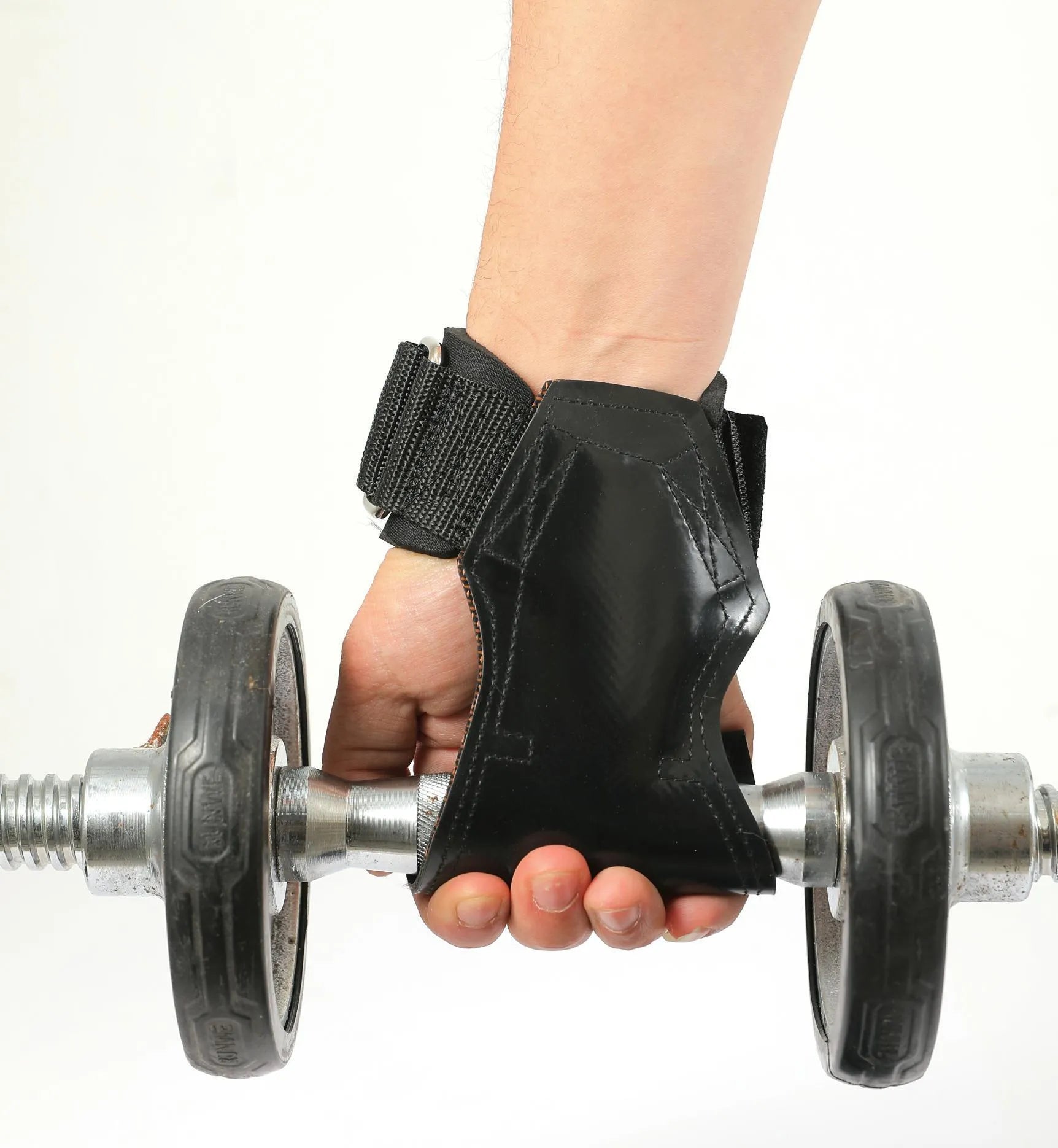 Black rubber weightlifting assist belt for palm protection during barbell training