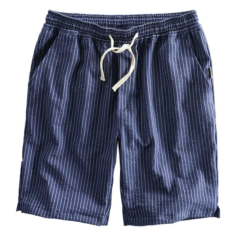 Men's striped cotton casual shorts with loose straight fit and micro elastic waist