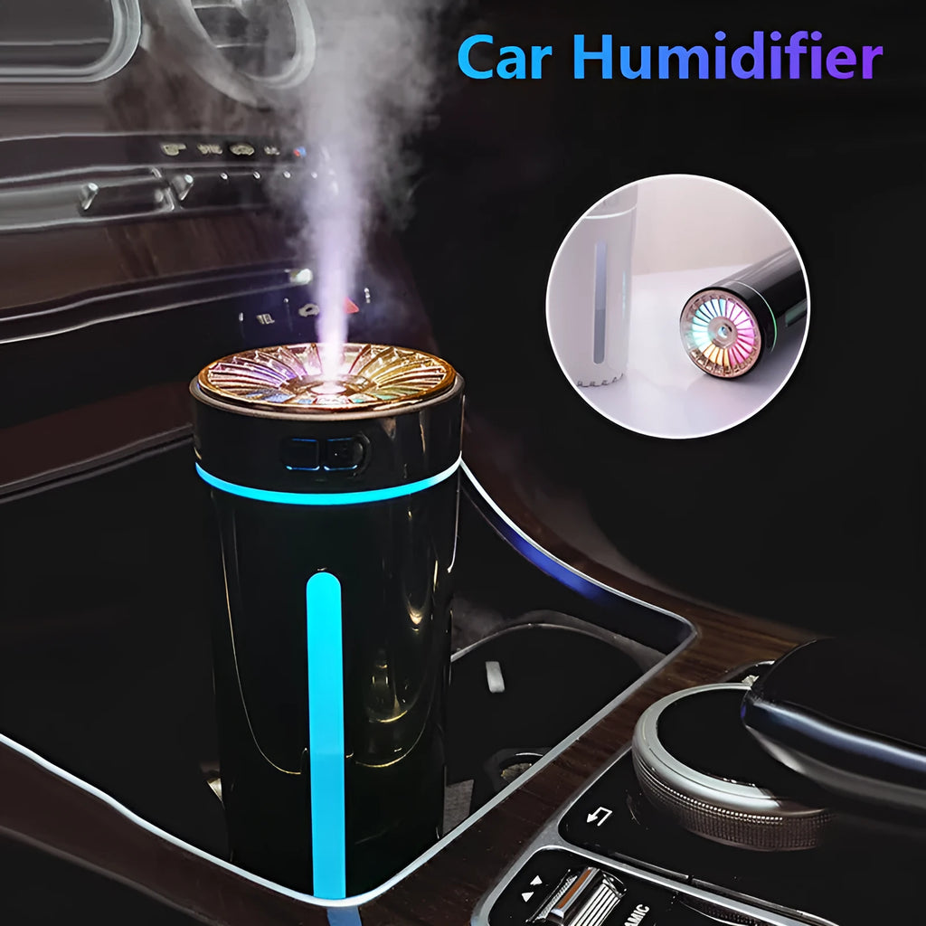 Portable black USB humidifier with colourful lights on car cup holder