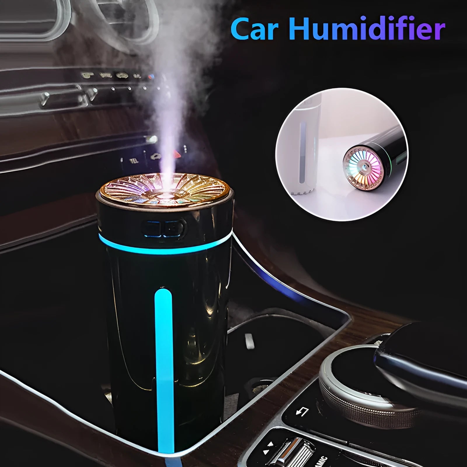 Portable black USB humidifier with colourful lights on car cup holder