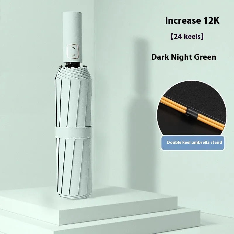 Plus-sized triple folding umbrella in a modern simplicity style with a plastic handle, shown in a folded state.
