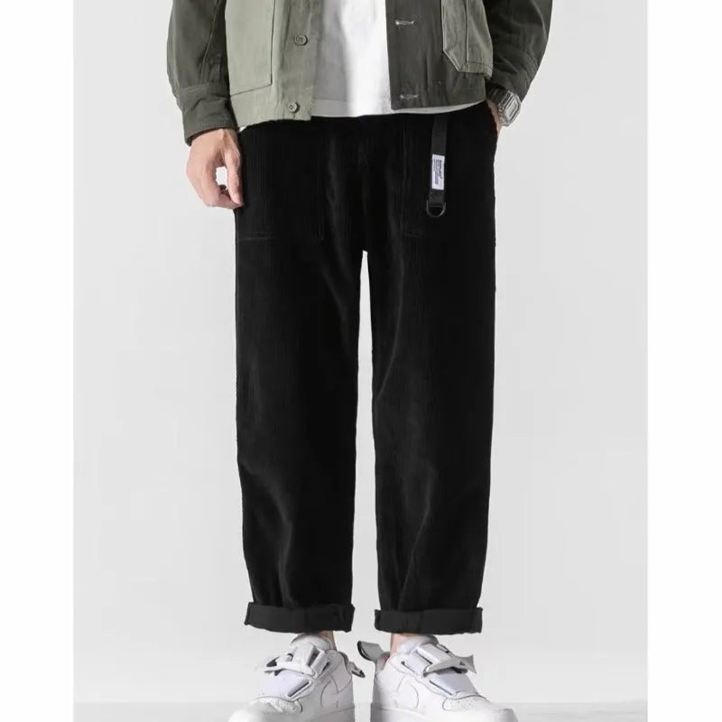 Loose straight tapered trousers in chemical fibre blend fabric, available in multiple sizes and colours