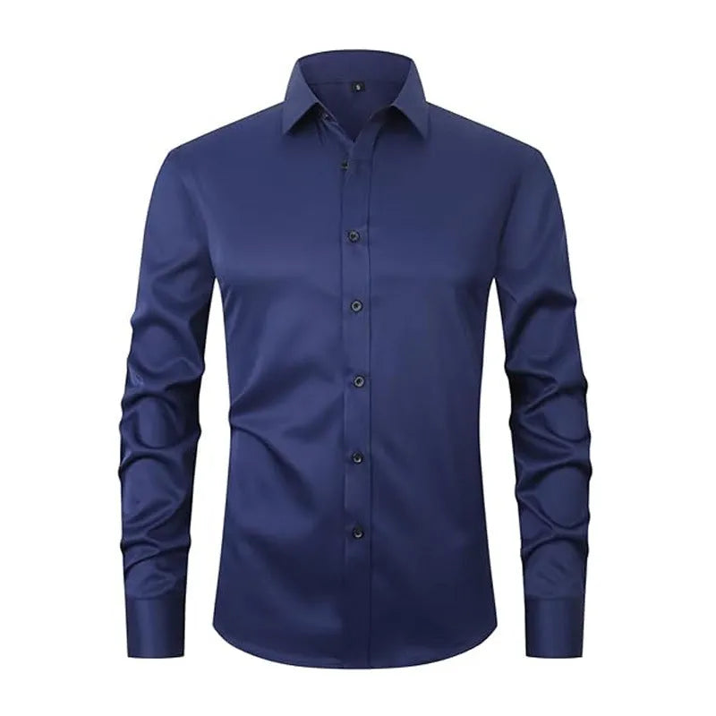 Men's stretch polyester long sleeve work shirt shown in a colour option, laid flat to show design.