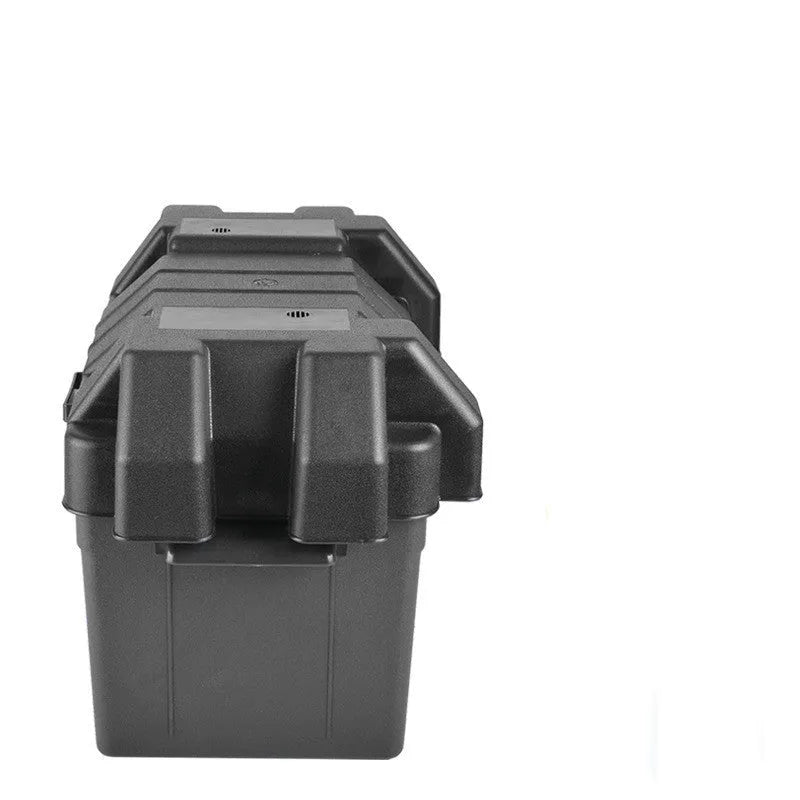 Black battery storage box showing strap and screw fixing system with internal compartment