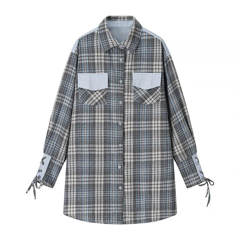 Women's loose plaid shirt and short skirt two-piece set in solid colour with button front and long sleeves, intellectual style, polyester blend fabric.