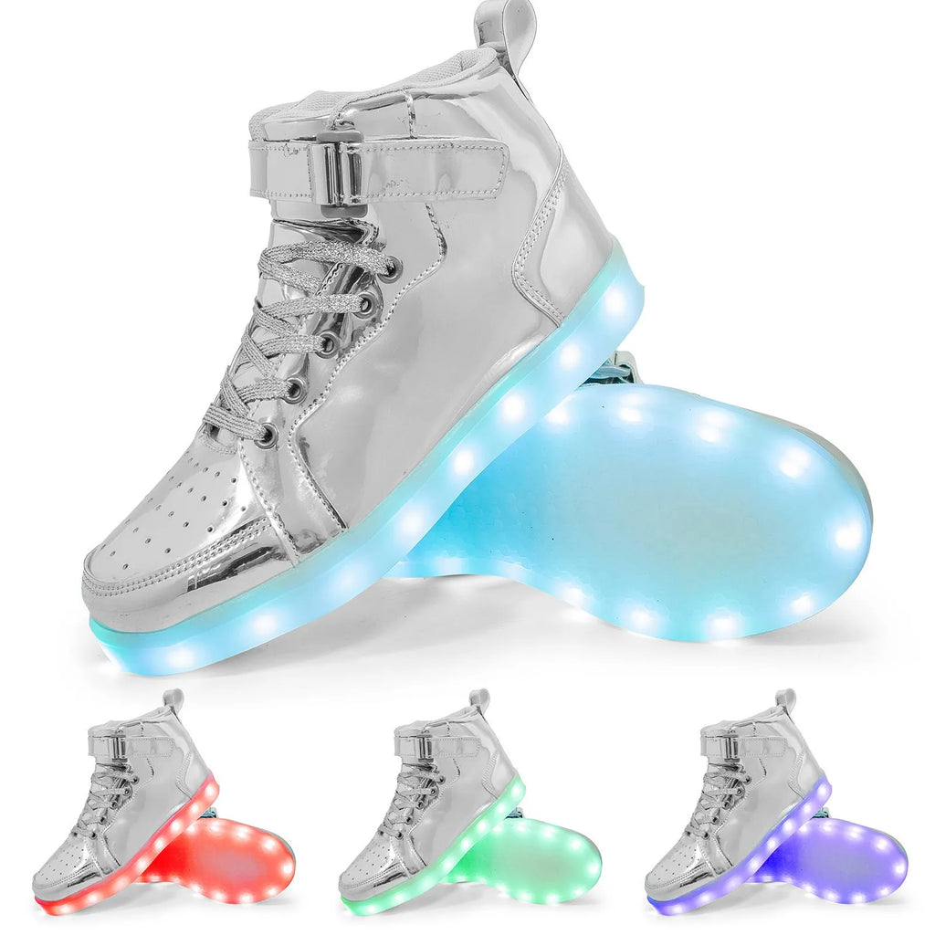Black high-top LED sneakers with Velcro strap and lit-up soles on a dark background.