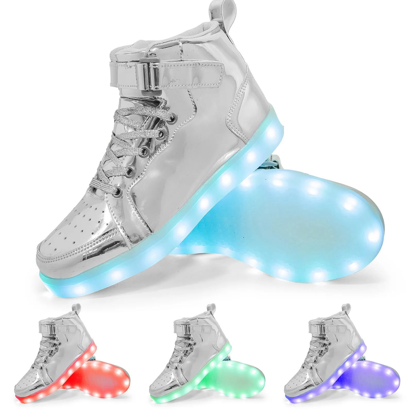 Black high-top LED sneakers with Velcro strap and lit-up soles on a dark background.