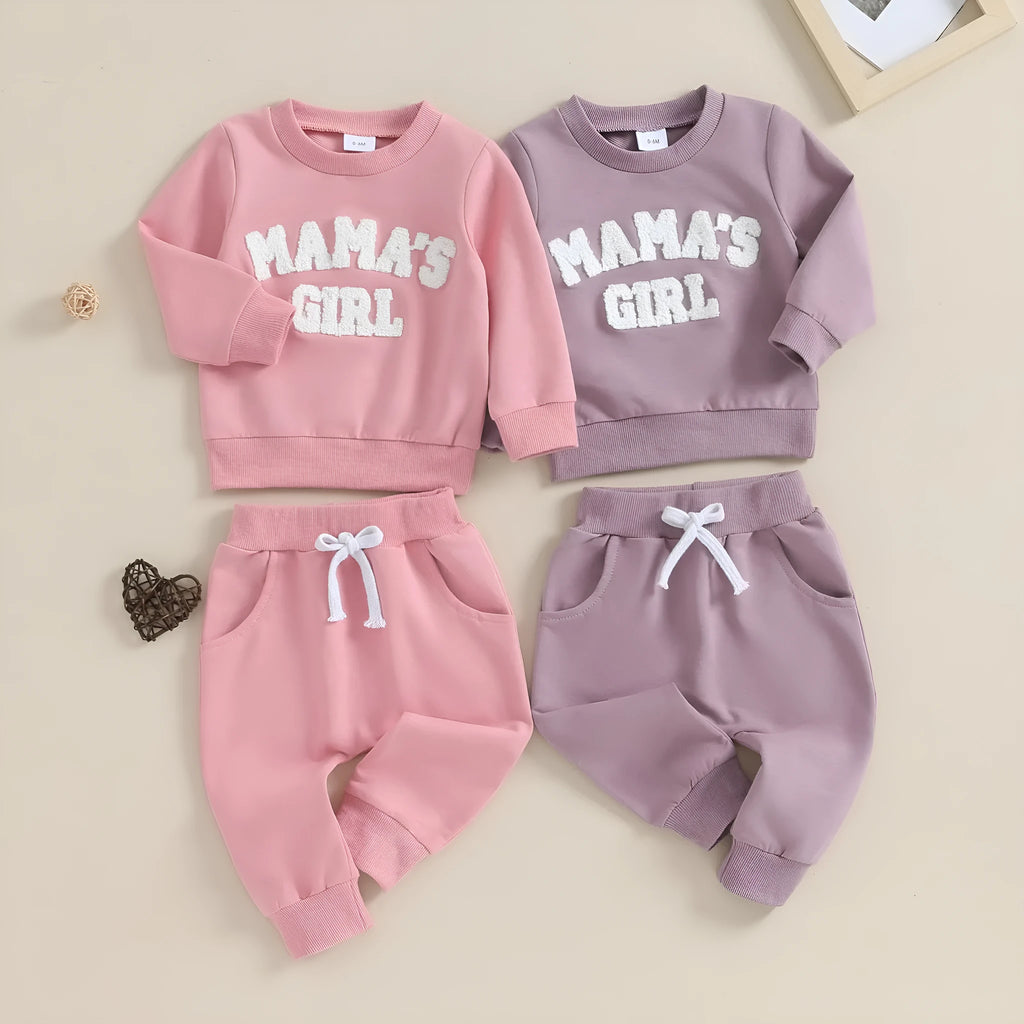 Baby girl cotton blend letters embroidered sweater and trousers suit in pink and purple, long sleeves