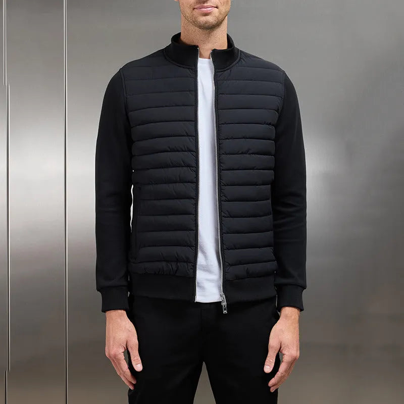 Men's lightweight stand collar coat with knitted stitching in solid colour, available in black, light gray, and navy blue