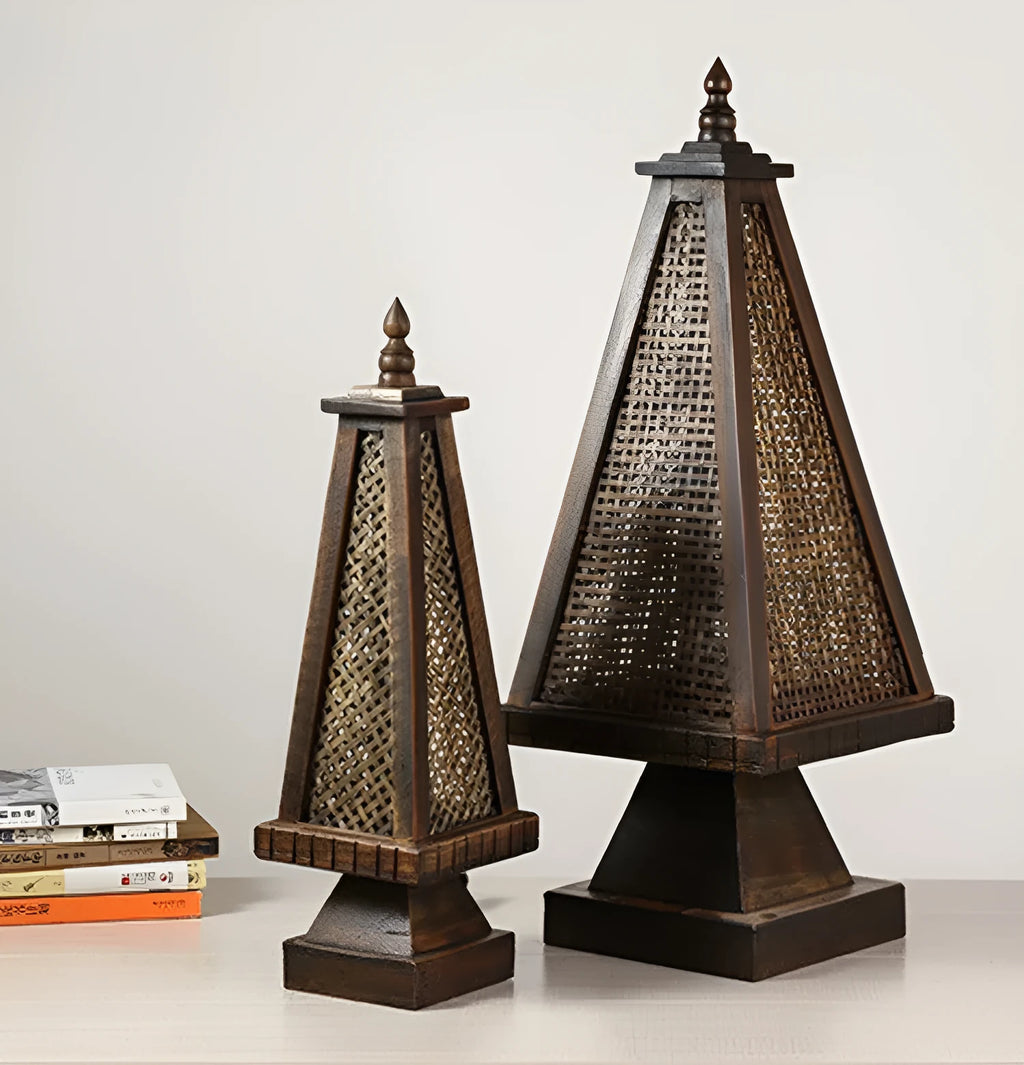 Retro wooden table lamp with hand-woven straw rattan lampshade on bedside table