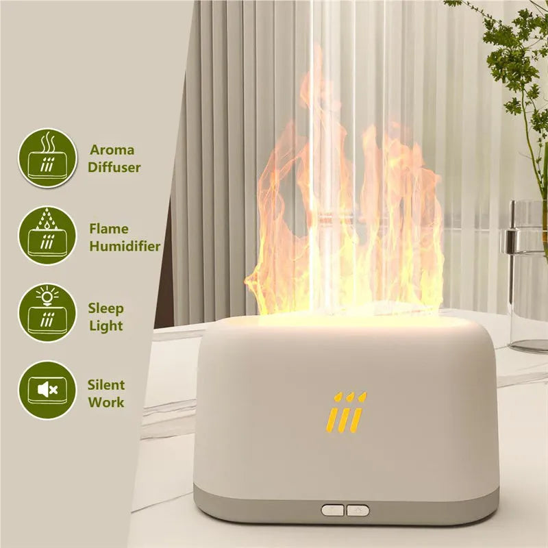Black round flame aroma diffuser humidifier with LED lighting on wooden surface