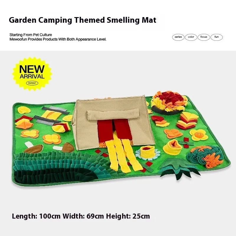 Dog sniffing mat with themed pattern for hiding treats and mental stimulation