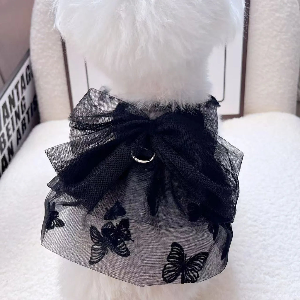 Black polyester princess tulle skirt for a small dog or cat, shown on a mannequin.