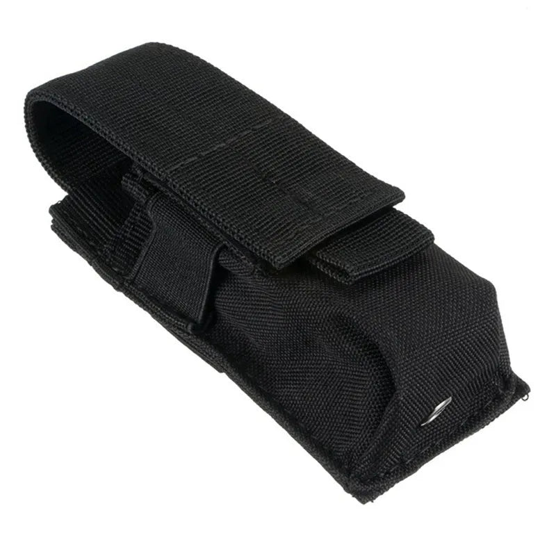 Black tactical MOLLE pouch with elastic cord closure for pistol cartridges or a small flashlight.