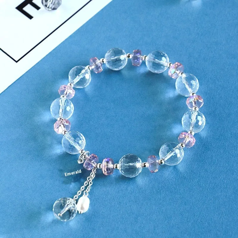White crystal bracelet for women with diamond shapes and lucky cat charm