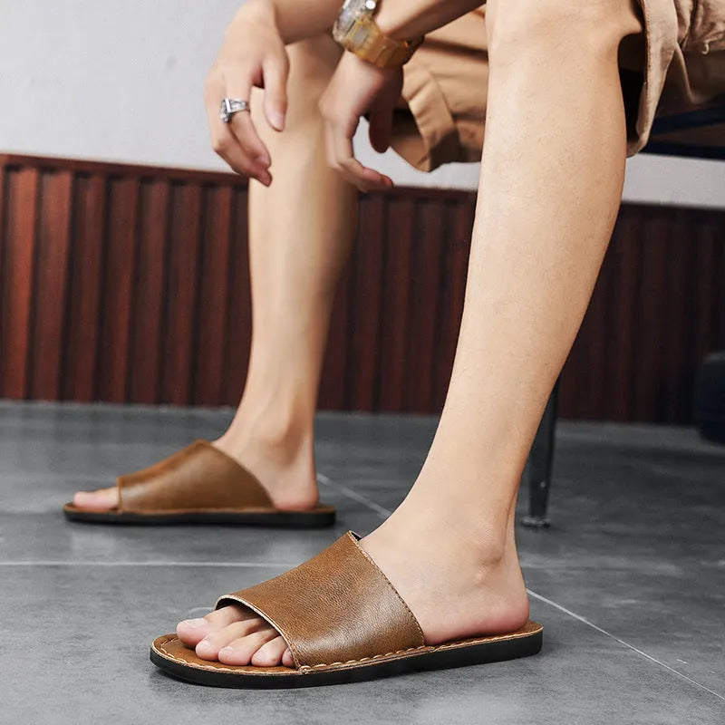 Men's brown leather outdoor sandals with rubber soles for summer casual wear