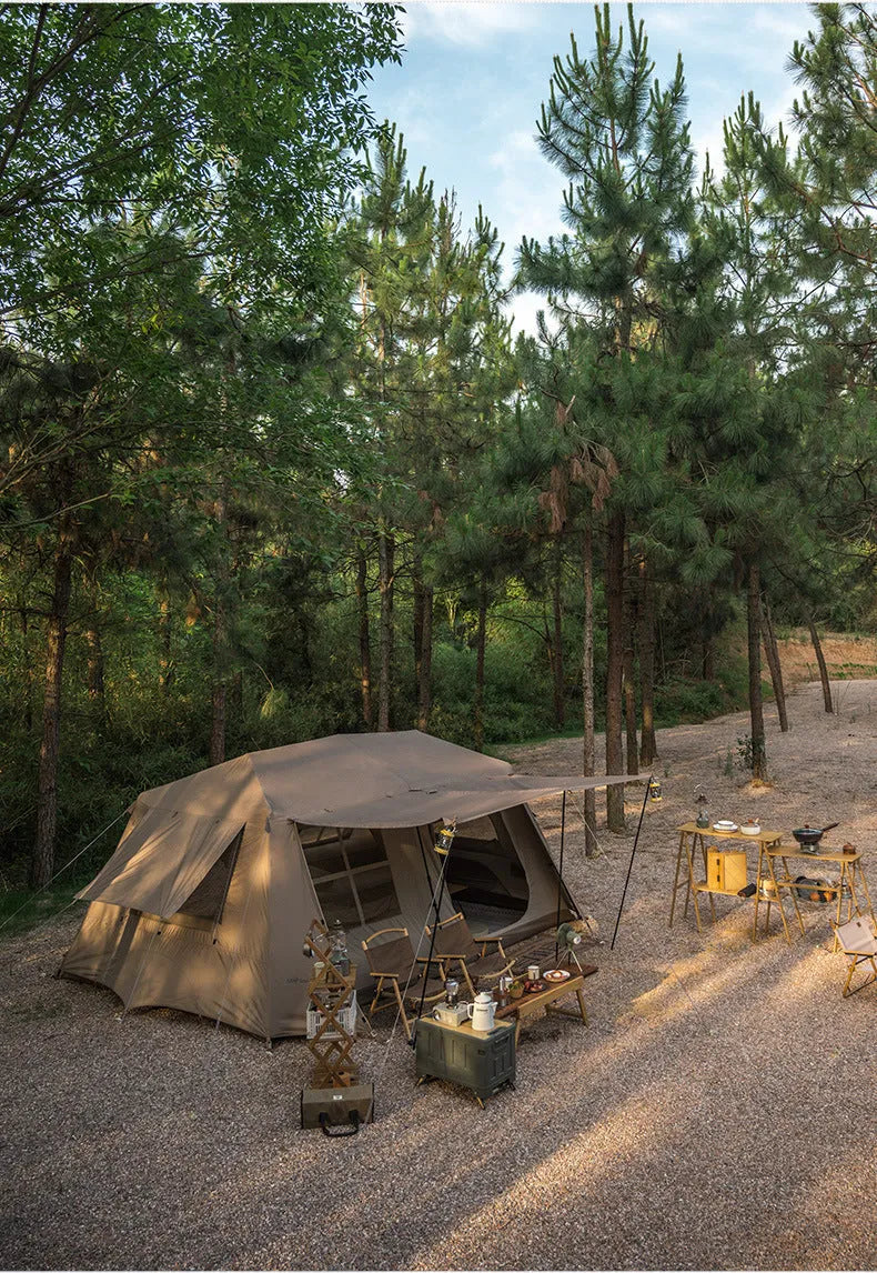 Dark coffee automatic ridge camping tent with two rooms one hall, fabric 10D polyester oxford cloth silver coated
