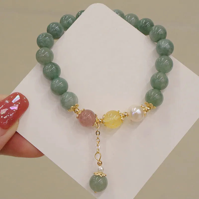 Myanmar jade geometric bead bracelet with pearl accents and three-dimensional Han-style decoration
