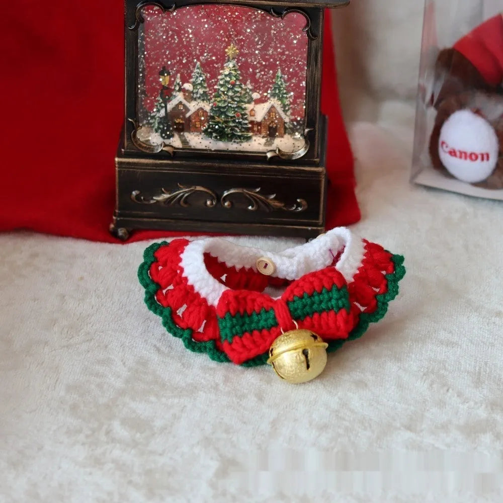 Knitted wool Christmas scarf for pets featuring festive patterns like striped Santa and elk, shown attached to a dog collar.