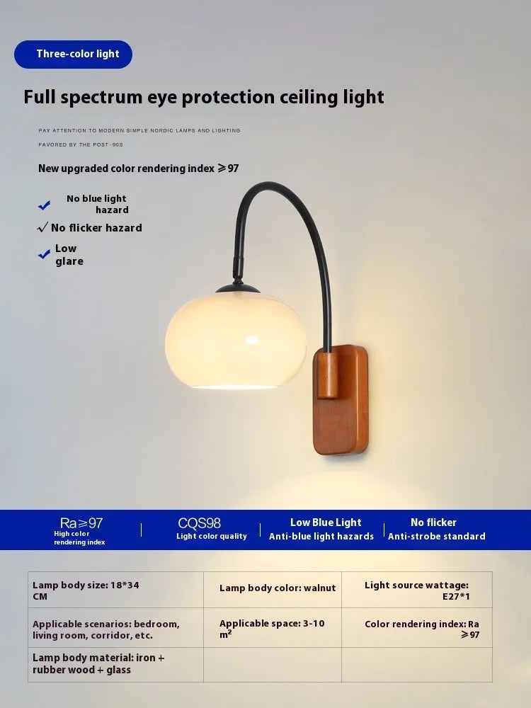 Creative retro glass wall LED lamp with walnut colour iron finish and milky white 32cm shade