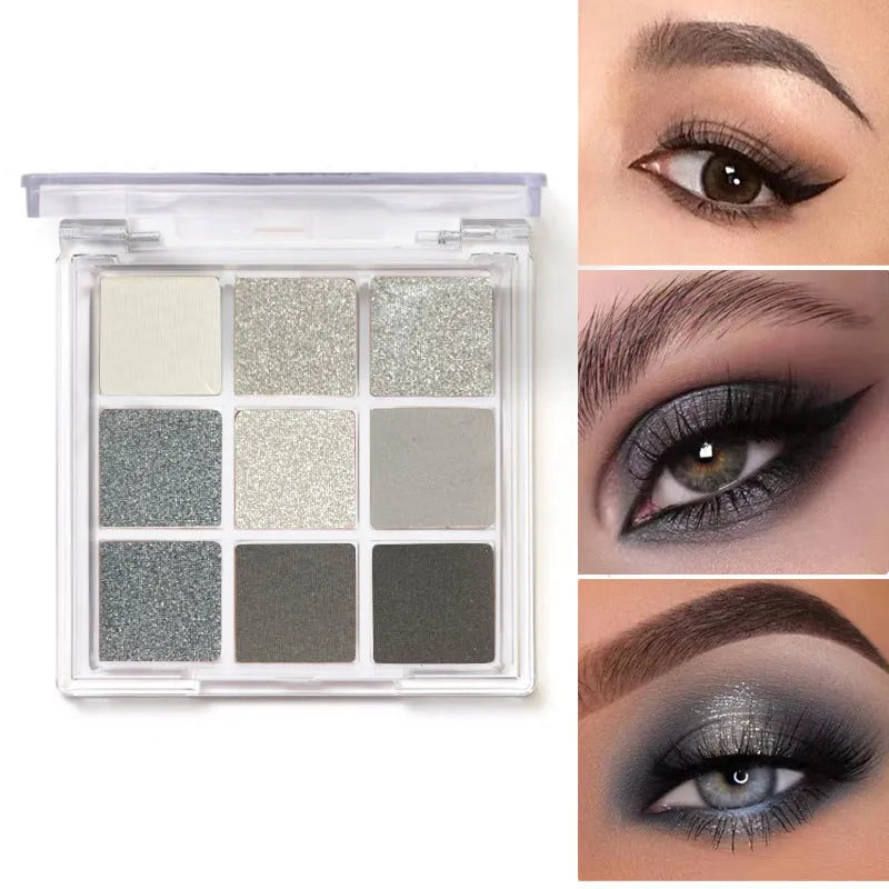 Smoked nine-colour eye shadow palette showing white, silver, black, and iron grey shades