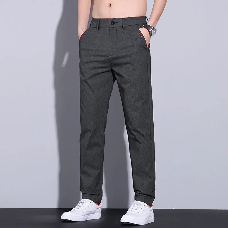 Men's straight slim fit trousers in light khaki cotton with micro elasticity for business casual wear