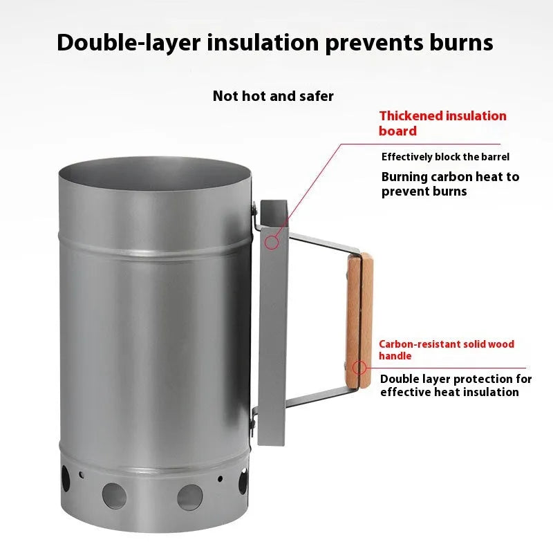Zinc-iron alloy charcoal fire starter bucket and oven igniter for outdoor barbecues.