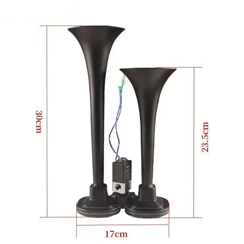 Black dual trumpet air horn and compressor kit for 12V and 24V car and truck vehicles