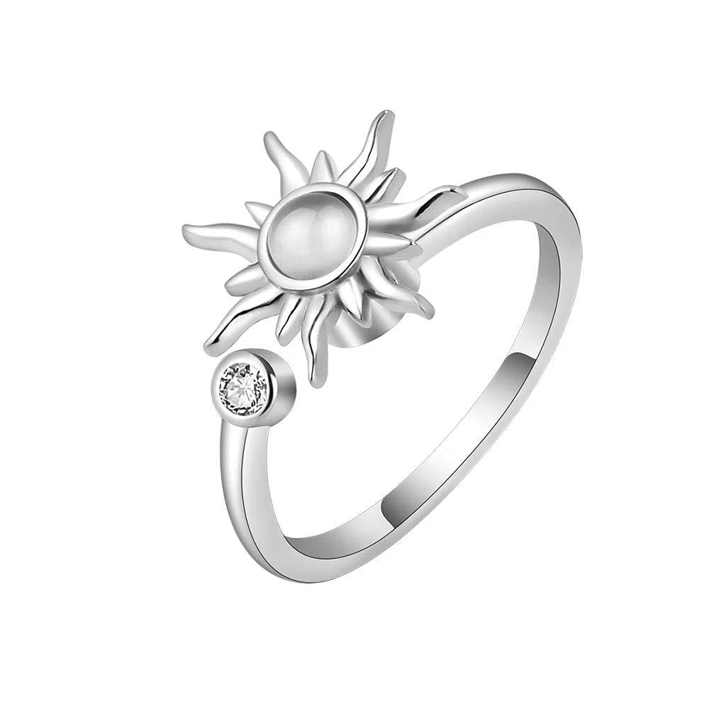 Rotating sunflower relief ring with adjustable copper band and zircon inlay