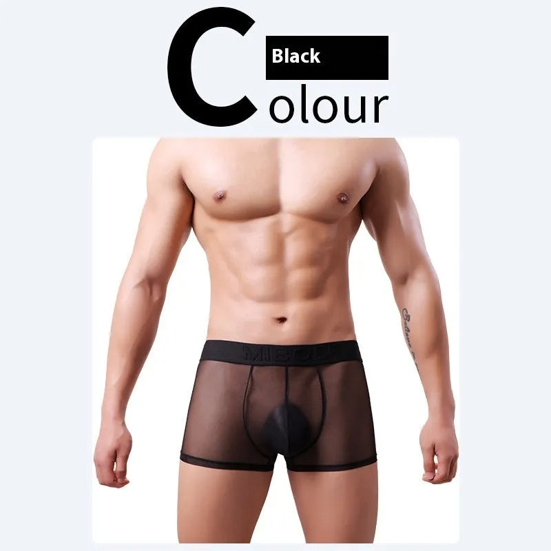Men's thin invisible boxer shorts in quick-drying polyester fabric on a colour swatch showing black, white, blue, green, pink, and beige.