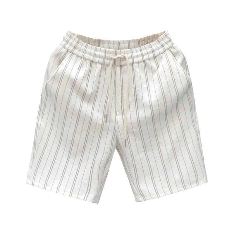 Men's black and white striped fleece-lined casual shorts with elastic waistband