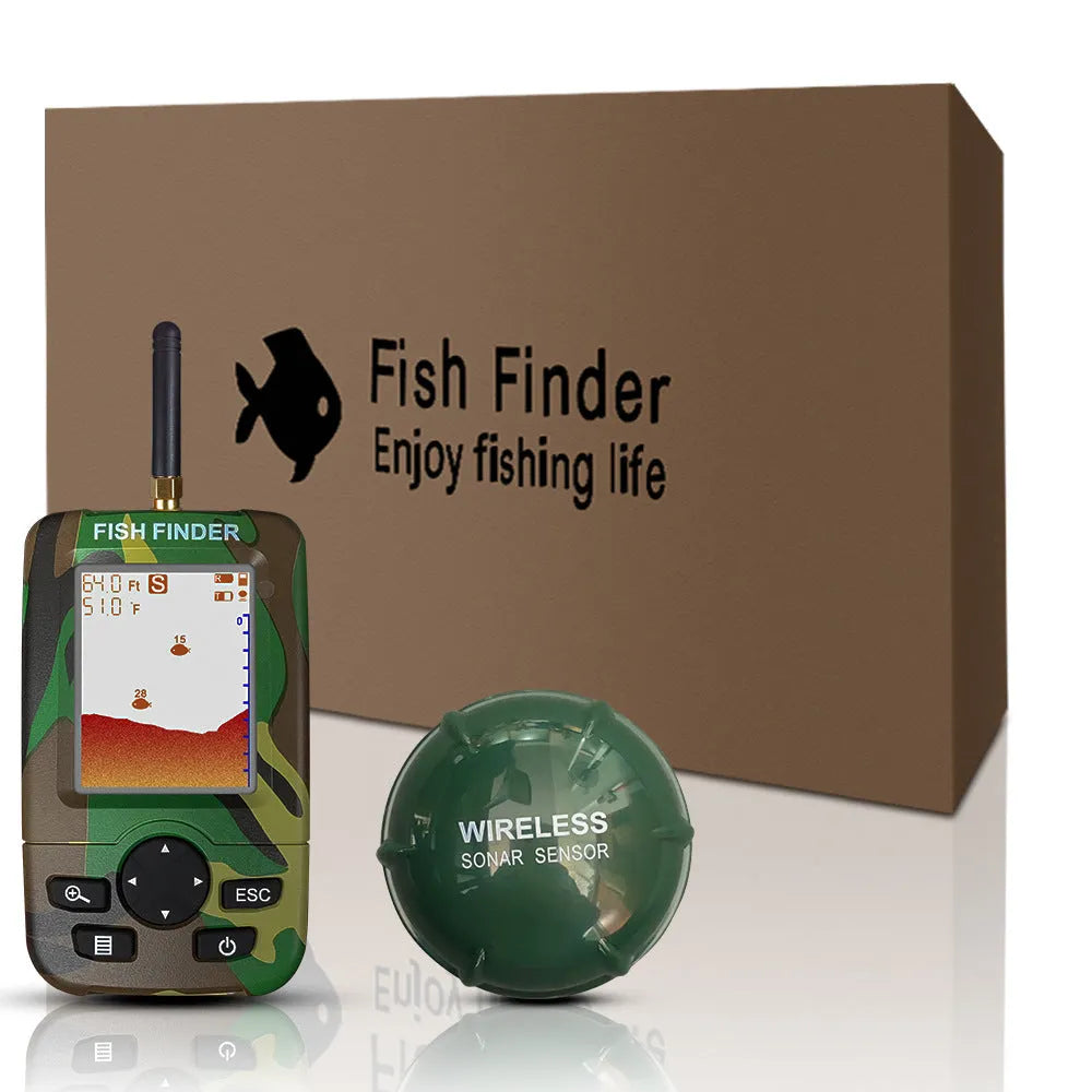 Smart wireless fish finder with accurate fish group detection, depth 0.6-73 metres, model options in black, camouflage, red