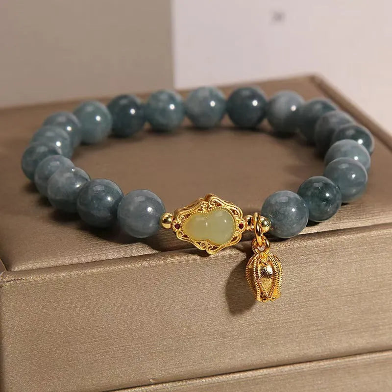 Women's natural stone bracelet with blue gourd lotus flower pendant and electroplated sky blue finish