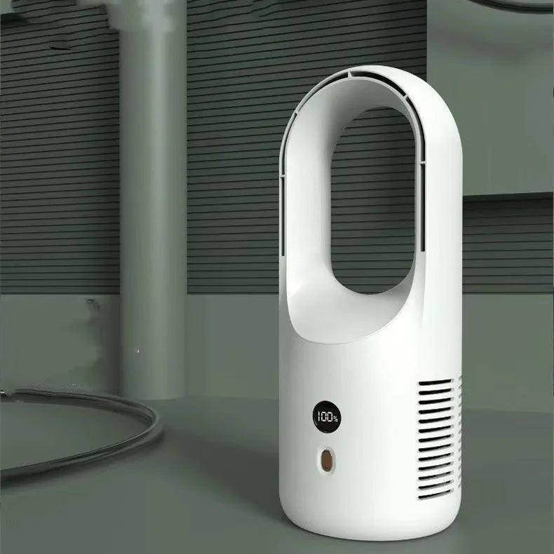 X28 bladeless desk fan showing LED display and 360-degree vent, with USB charging cable.