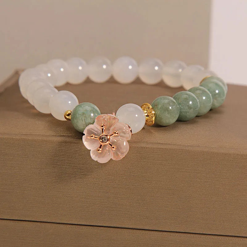 Women's emerald agate crystal bracelet with jadeite flower pendant and white agate beads