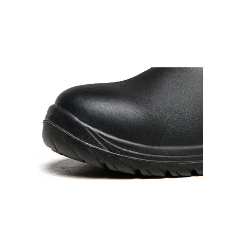 Black leather safety work boots with high-top design and anti-piercing function