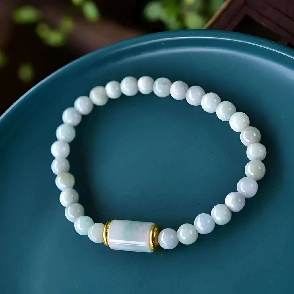 Myanmar natural jade round ice bead bracelet with geometric beads and emerald green colour