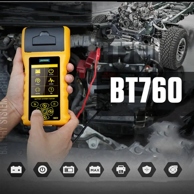 Autool BT760 vehicle battery tester with colour screen and built-in thermal printer for 12V 24V diagnosis