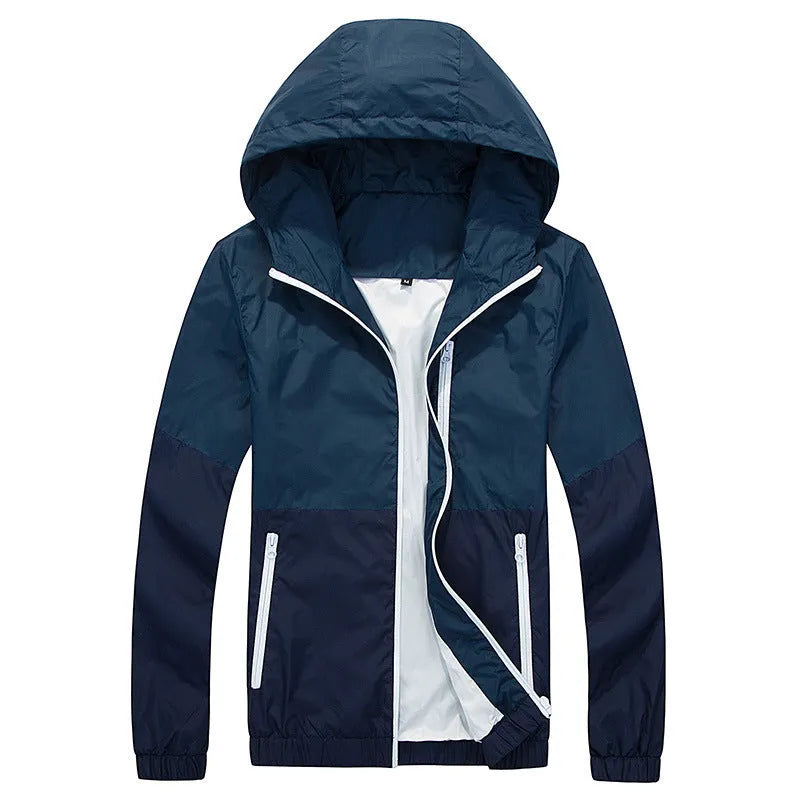 Men's lightweight polyester hooded sports jacket in army green, front view
