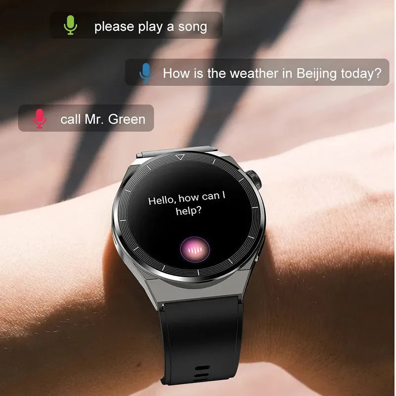 Black silicone strap smartwatch with silver case showing touch screen displaying health metrics