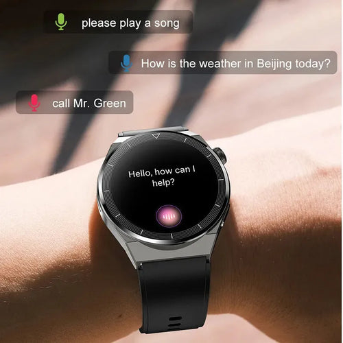 Black silicone strap smartwatch with silver case showing touch screen displaying health metrics