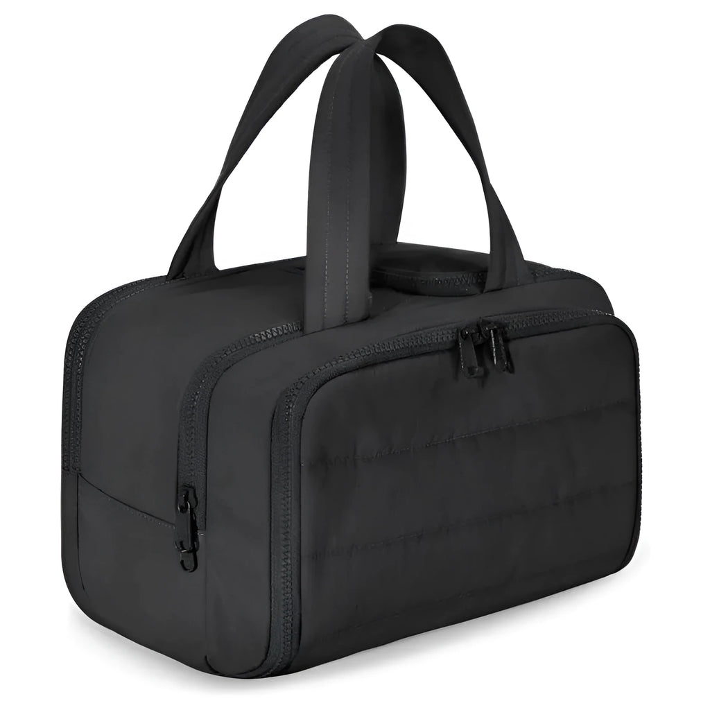 Large lightweight travel toiletry bag in polyester with wide opening, shown in available colours.