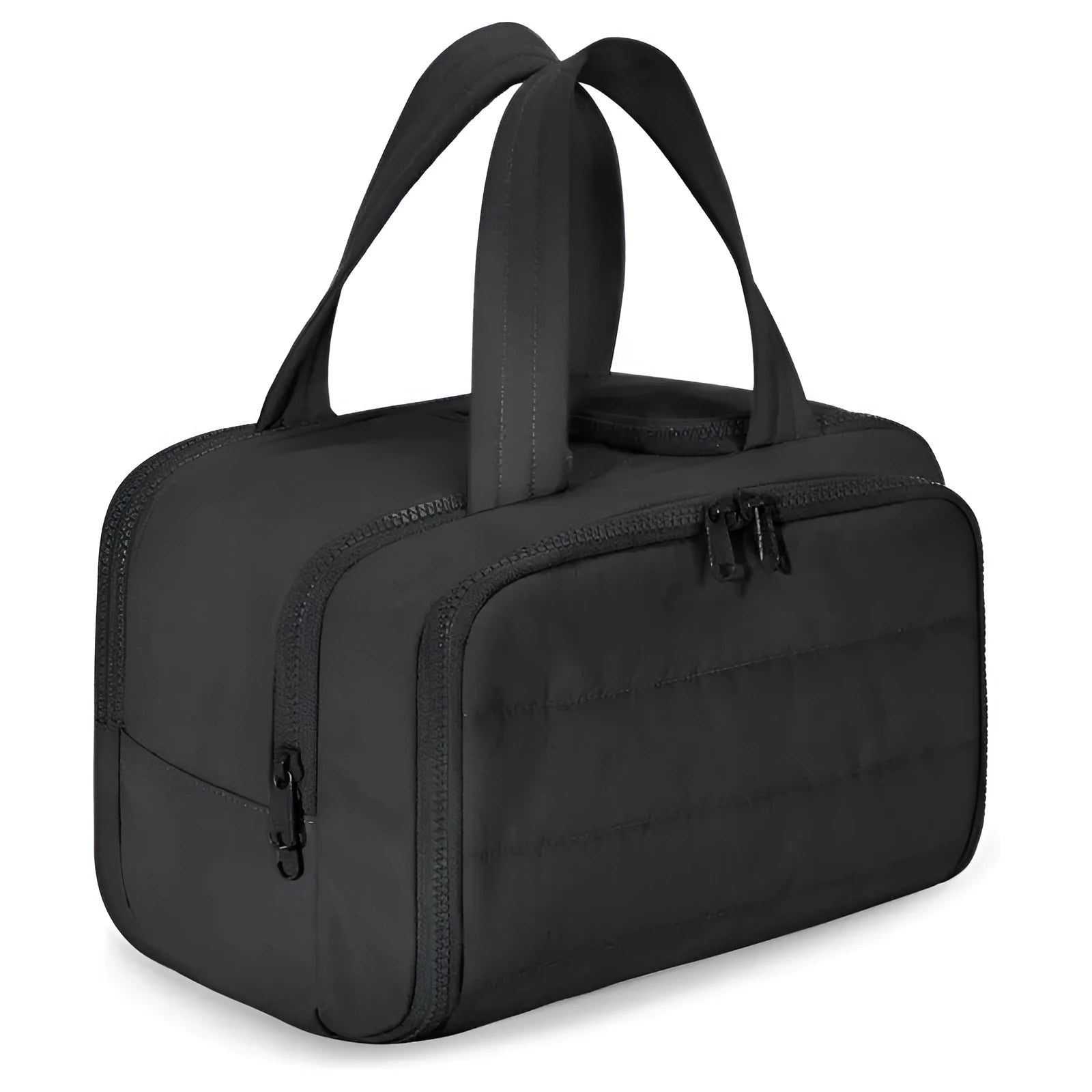 Large lightweight travel toiletry bag in polyester with wide opening, shown in available colours.