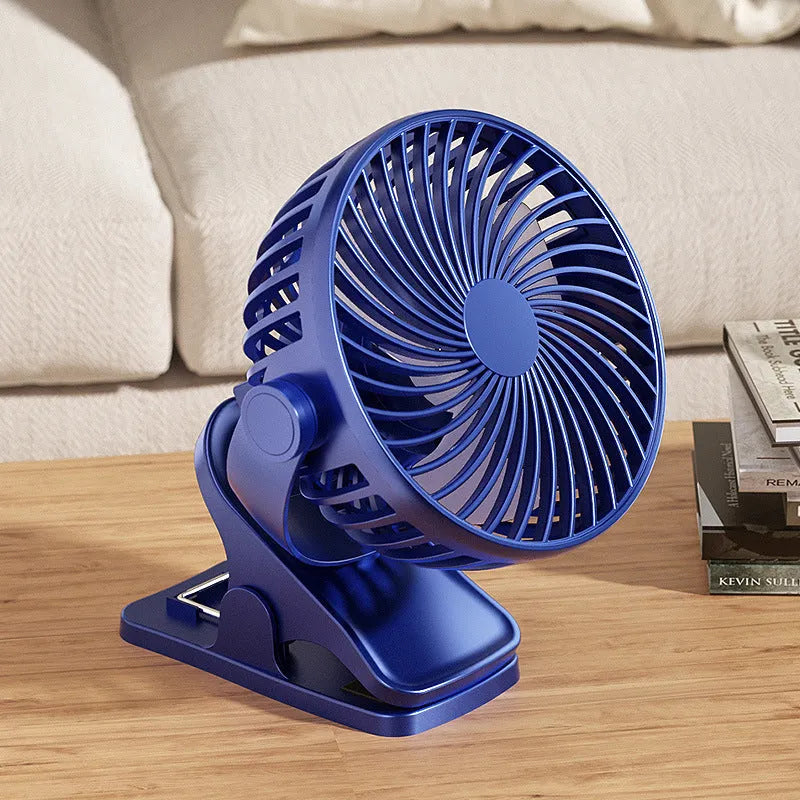 4-inch USB fan in white with three plastic blades and button controls on a desk