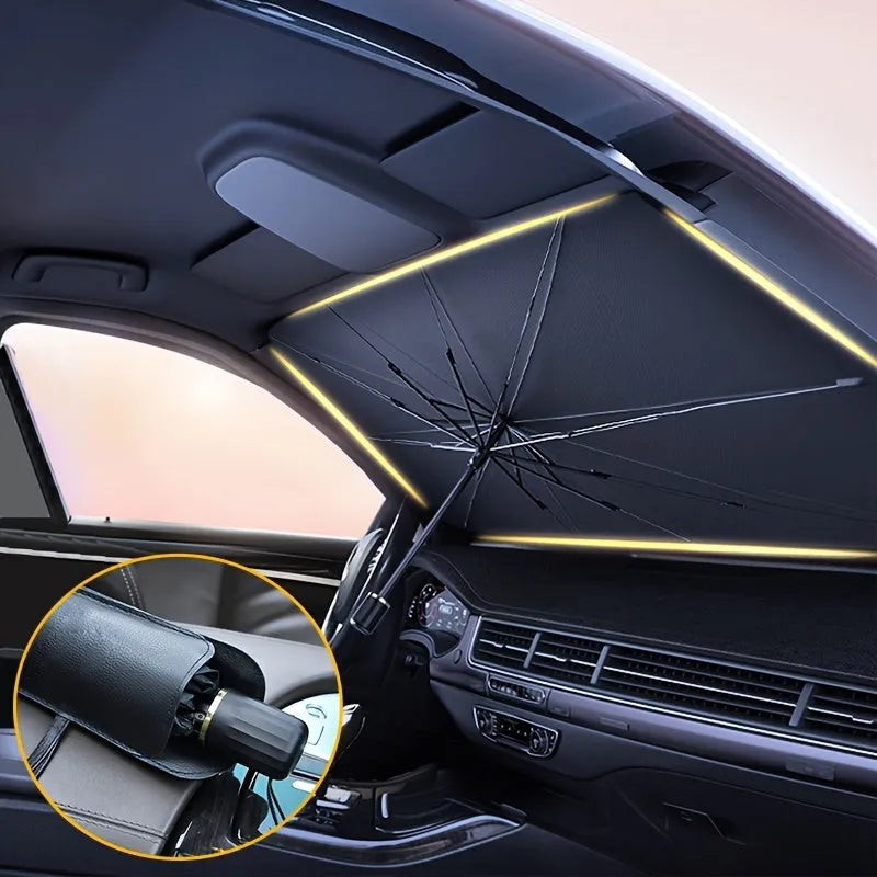 Foldable car windshield sunshade umbrella shown open against vehicle glass