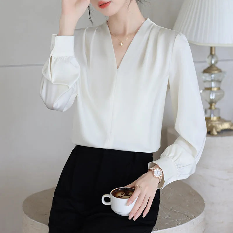 Women's slim fit long sleeve satin shirt in blue colour with 3D stitching detail