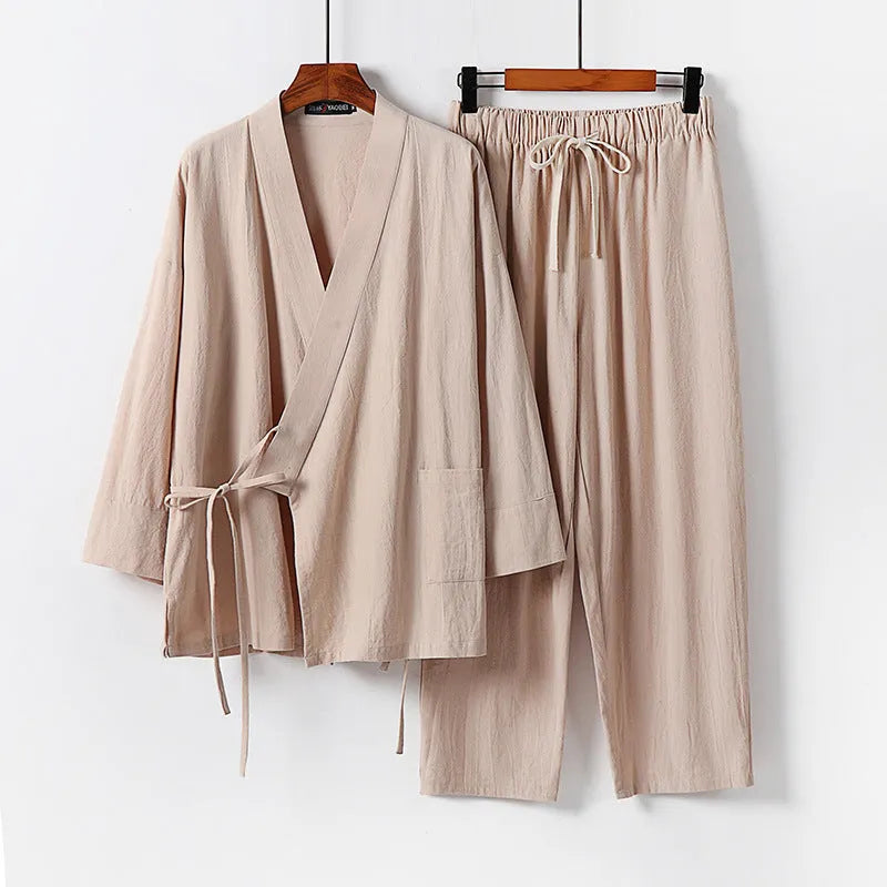 Cardigan style Hanfu two-piece suit in cotton fabric showing traditional Chinese design with loose-fitting top and trousers