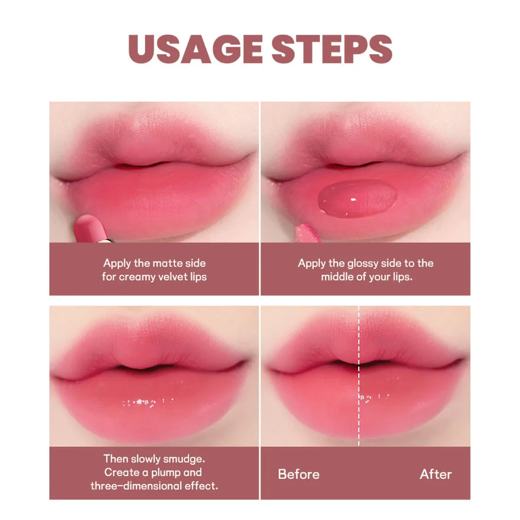 Double-headed lipstick with matte finish and gloss in ten colour options