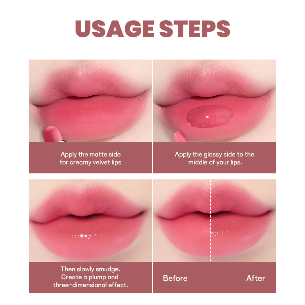 Double-headed lipstick with matte finish and gloss in ten colour options